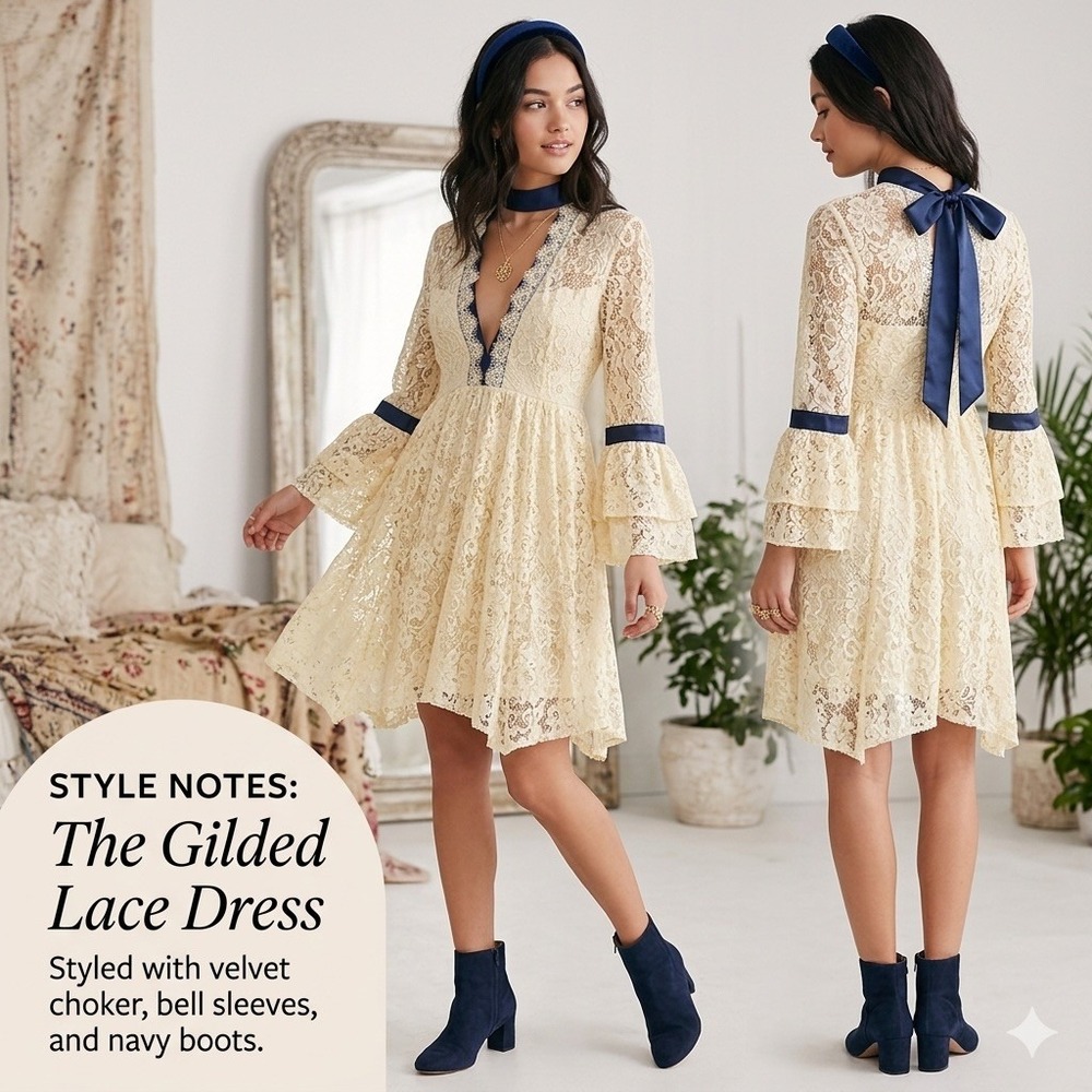 Free People Gilded Lace Navy Ribbon Bow Plunge Neck Bell Sleeve Lined Dress S
